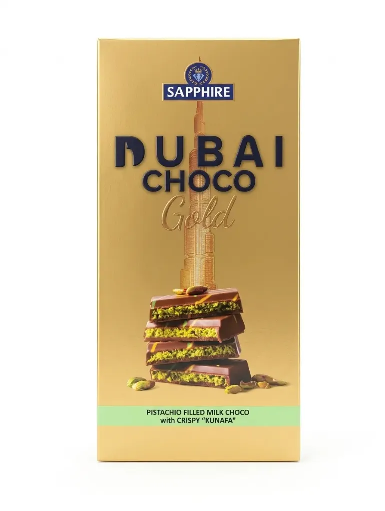 Sapphire Dubai Choco Gold Pistachio Kunafa Chocolate, 90g